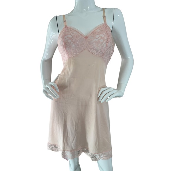 VTG Vanity Fair Pink Slip Lace Dress Lingerie Pinup Boudoir Adjustable Straps 34 - Picture 1 of 14